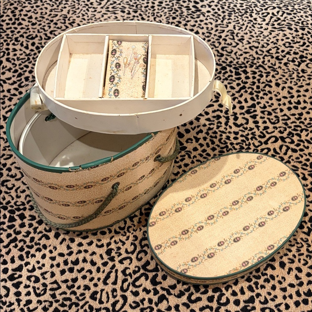 Sweet Cottagecore Grandma's Fabric Covered 40's Vintage Sewing Box Green Ivory